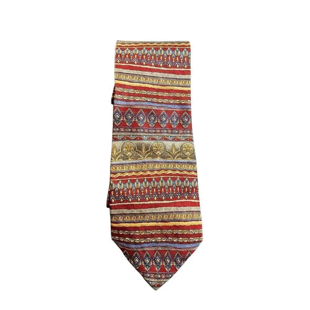 Roundtree & Yorke men’s vintage medallion print striped 100% silk tie